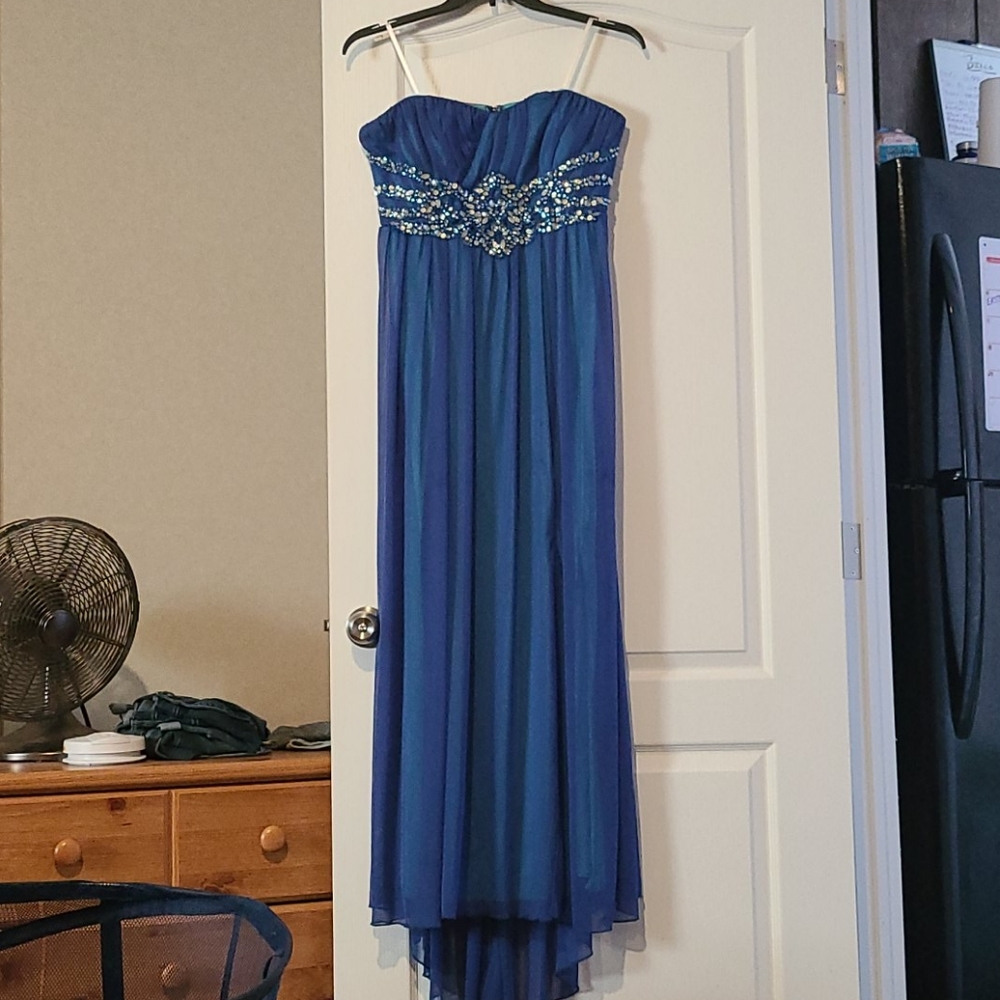 Strapless blue prom dress